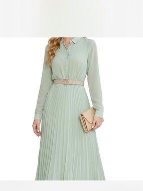 Pleated Long-Sleeve Shirt Dress in Mint Green